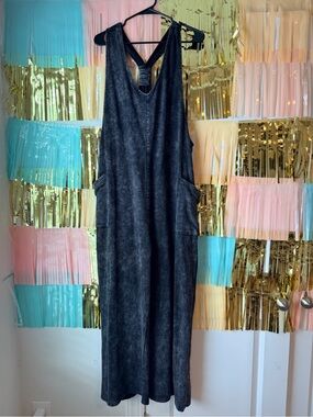 Charcoal Washed Criss-Cross Knit Wide-Leg Overall/Romper